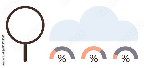 Data insights, analytics, cloud computing, business intelligence, performance metrics, research. Magnifying glass next to cloud and percentage gauge icons. Data insights and analytics visualization