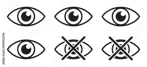 Set of eye icons, some open for visibility and some crossed out for hidden or unseen state