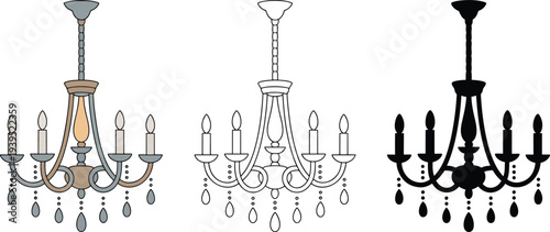 Chandelier silhouette & Outline and illustration set isolated on transparent background