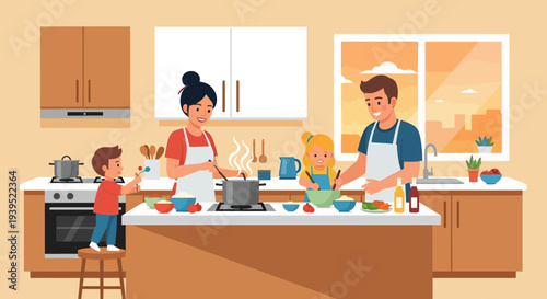 Family cooking together in kitchen vector eps illustration with people preparing meal indoors