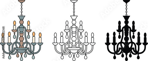 Chandelier silhouette & Outline and illustration set isolated on transparent background