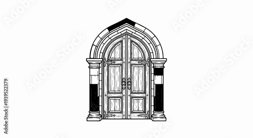 Ornate, gothic-style double doors with stone arch and pillars