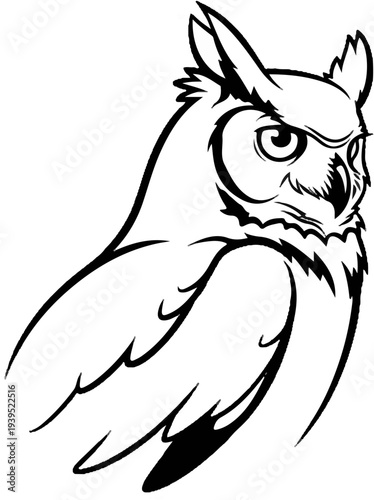 Bold black and white line drawing of an owl, perched with stern gaze