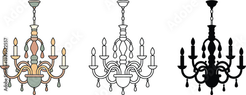 Chandelier silhouette & Outline and illustration set isolated on transparent background