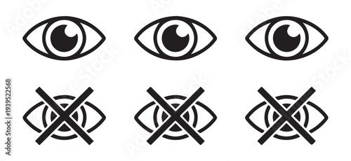 Collection of eye icons depicting both visible and hidden states. open eyes and crossed out eyes