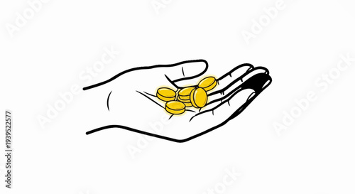 A simple black and white line drawing of a hand holding several golden coins