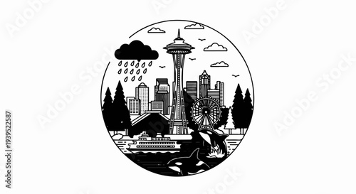 Circular cityscape with rain, Ferris wheel, boat, and whales