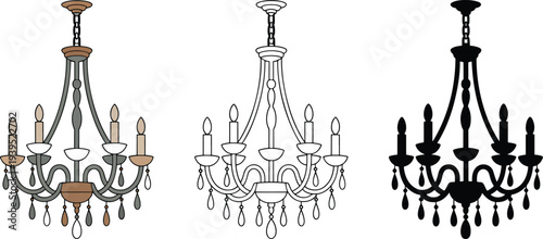 Chandelier silhouette & Outline and illustration set isolated on transparent background