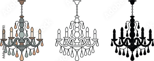 Chandelier silhouette & Outline and illustration set isolated on transparent background