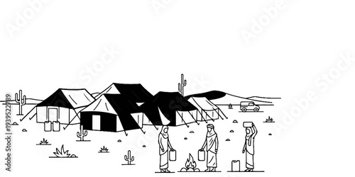 Desert camp with tents, people collecting water, and a vehicle