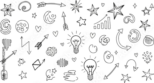 Doodled abstract elements stars, hearts, lightbulbs, arrows, swirls, and shapes
