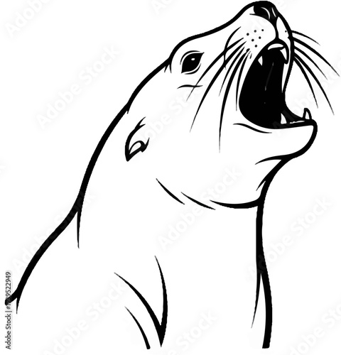 Drawing of a seal's head with its mouth open, showing teeth and tongue