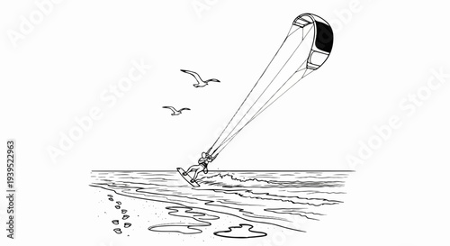 Person kiteboarding on ocean waves near sandy beach with footprints