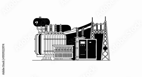 Electrical transformer and power line tower on a white background, outlined in black