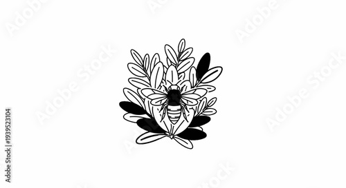 Black and white illustration of a bee amidst stylized leaves
