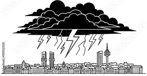 Dark storm clouds loom over a city skyline with lightning strikes