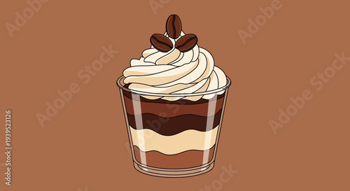 Dessert in a clear cup, layered with coffee, vector eps illustration of sweet treat