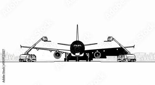 De-icing a large airplane on the tarmac with service vehicles
