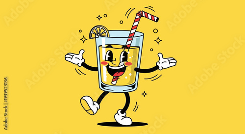 Cheerful cartoon glass dancing with lemon slice, eps vector illustration on yellow background