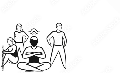 Group of people with one meditating and radiating waves