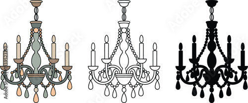Chandelier silhouette & Outline and illustration set isolated on transparent background