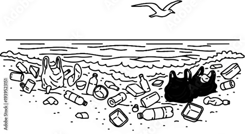 Ocean shore littered with plastic waste, a bird flies overhead