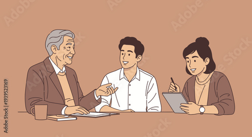 Three people in a meeting discussing documents, vector eps illustration