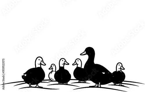 Black and white illustration of a family of ducks