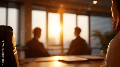 Business professionals in a modern office meeting room during golden hour