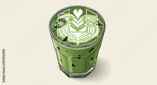 A vector eps illustration of a green iced matcha tea in a glass cup