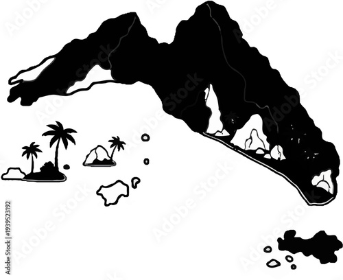 Black and white illustration of a mountainous island with palm trees and smaller islands offshore