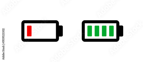 Battery life status icons set with full green and red low or empty charge power levels