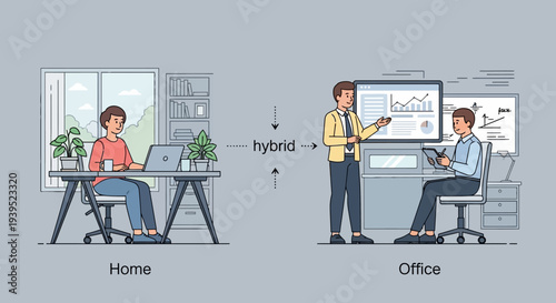 Hybrid work vector eps illustration of professionals working from home and office seamlessly