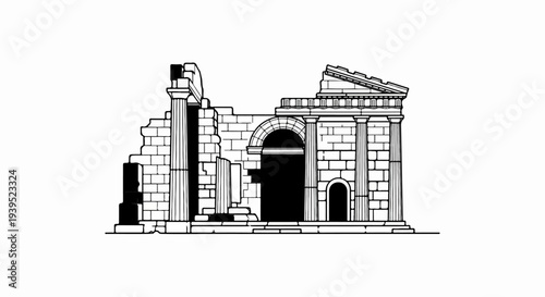 Detailed black and white illustration of ancient Greek temple ruins with columns and arch