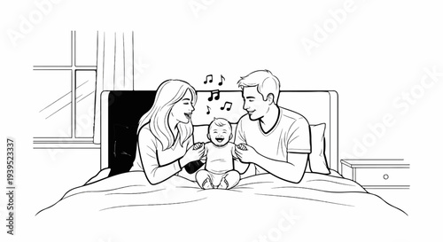 Joyful family singing to a happy baby in bed