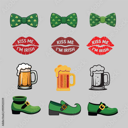 St. Patrick’s Day Icons Set – Irish Bow Tie, Kiss Me I’m Irish Lips, Beer Mug, Leprechaun Shoes, Green Holiday Vector Collection.