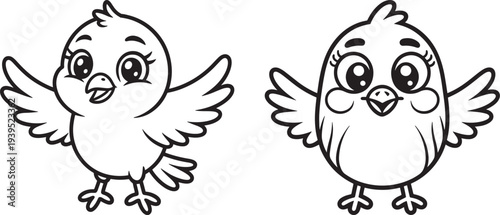 Two cute cartoon chicks with wings spread, ready to fly