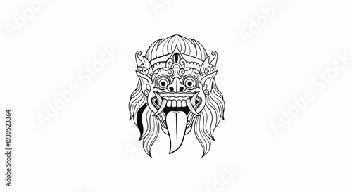 Intricate black and white illustration of a fierce mythological face with long tongue