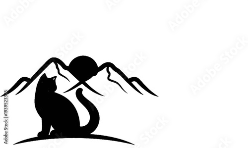 Black cat silhouette sits on a curve with mountains and a sun behind