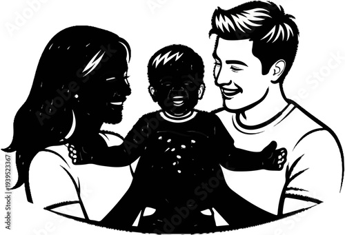 Joyful family portrait with parents embracing a happy child