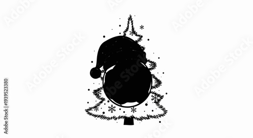 Black silhouette of a Christmas tree with a Santa hat and circular blank space