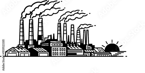 Industrial landscape with factory smokestacks emitting smoke under a rising sun