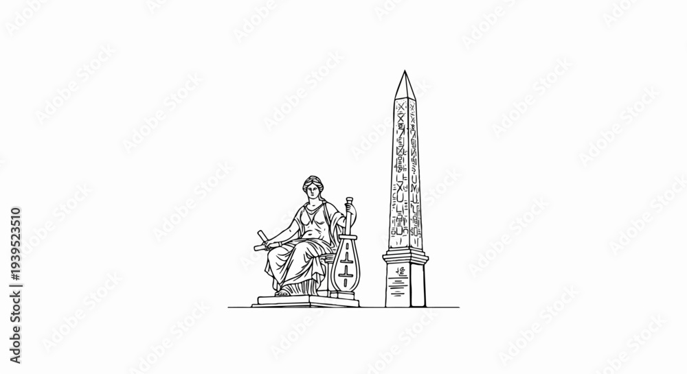 Fototapeta premium Line art of a seated classical figure holding scrolls near an ancient Egyptian obelisk