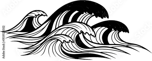 Dynamic black and white ink illustration of crashing ocean waves