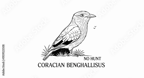 Stylized bird illustration on grass with text below