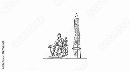 Line art of a seated classical figure holding scrolls near an ancient Egyptian obelisk