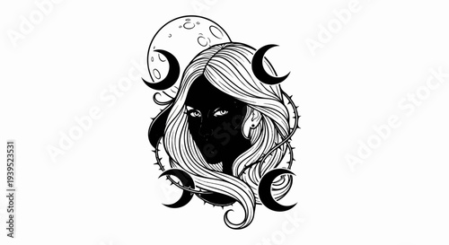 Ethereal woman with flowing hair, crescent moons, and celestial backdrop