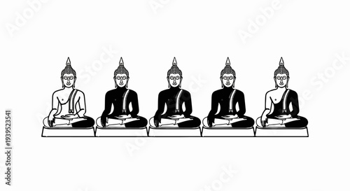 Line art of five seated Buddha figures in a row