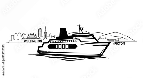 Ferryboat sailing past city skylines and rolling hills under a clear sky