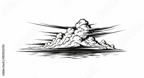 Dramatic clouds billow with sharp, linear streaks of wind